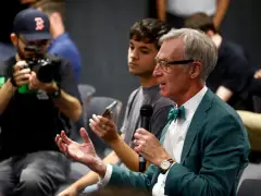 Bill Nye drops by the Auerbach Center and asks Jaylen Brown a question at Celtics Media Day